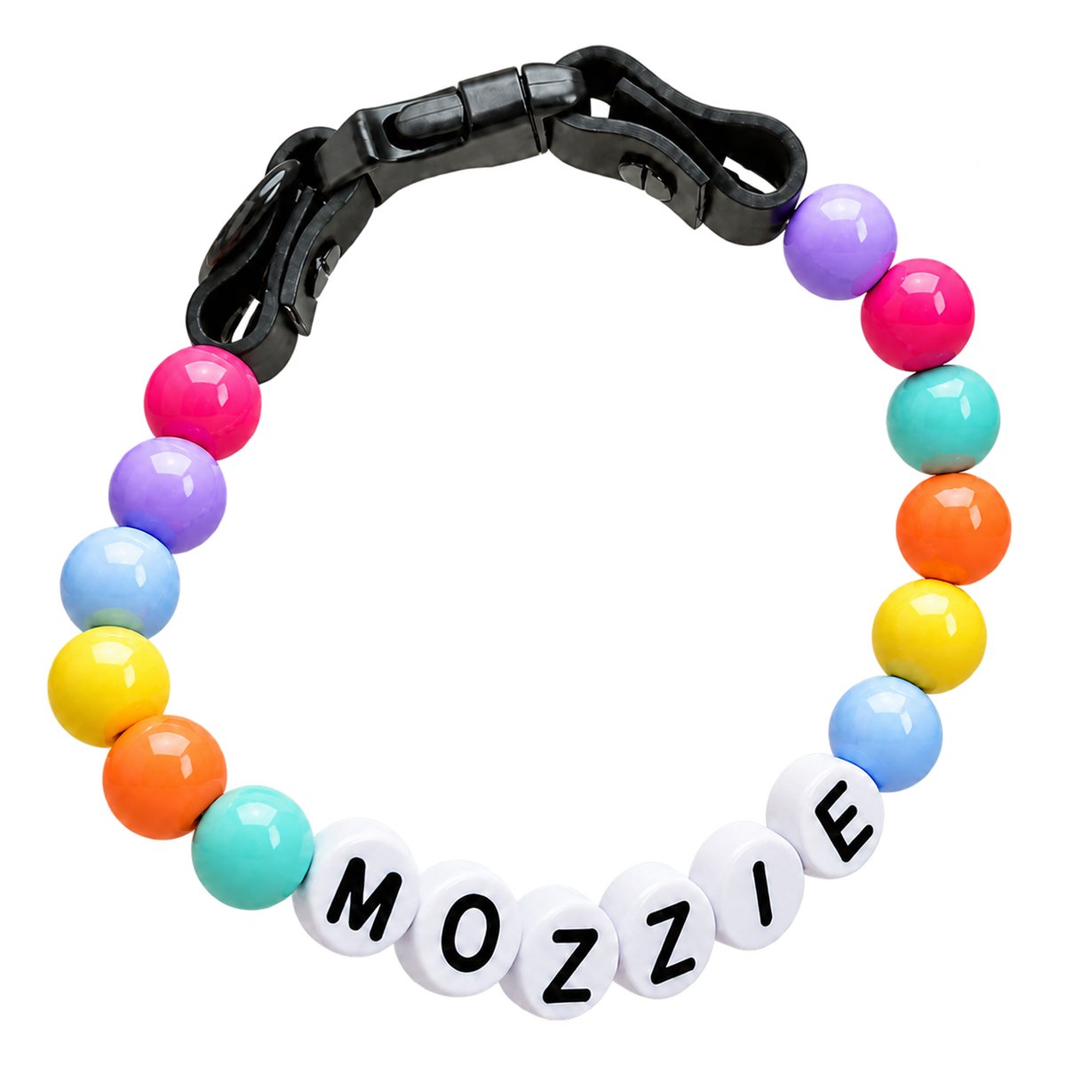 Rainbow Pawpaya beaded dog collar spelling MOZZIE
